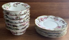 Antique T V Limoges France Bowl Underplate Pink Lilies Roses Gold Trim 6 Sets
