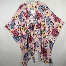 Umgee Kimono Topper Womens 1XL Pink Floral Drawstring Waist Chiffon Sheer New