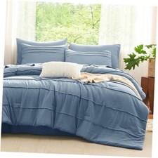 Comforter Set 7 Pieces Soft Pinch Pleat Bed in a Bag Queen Grayish Blue