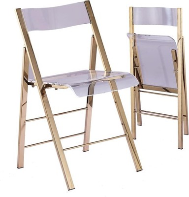 Foldable Transparent Clear Lucite Chair w/Chromed Steel Frame New Gold, Set of 2