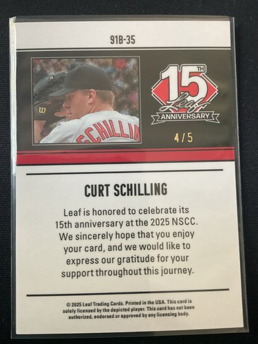 Curt Schilling 2025 Leaf National 15th Anniversary 1991 Retro Blue Shimmer #4/5 - Picture 2 of 2