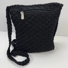 THE SAK Crochet Handbag Small Hobo Shoulder Flap Purse Zip Top Travel Boho Black