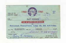 Ray Kremer Signed AUTO Elks Lodge Membership Card 1925 & 1927 Pirates D.1965 LOA