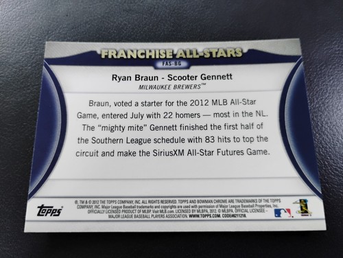Ryan Braun & Scooter Gennett 2012 Bowman Chrome All-Star Refractor RC #FAS-BG - Picture 2 of 2