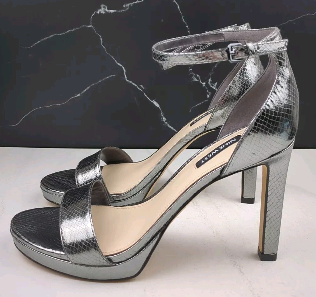 Nine West Women's Edyn Ankle Strap Platform Heels Pewter Metallic