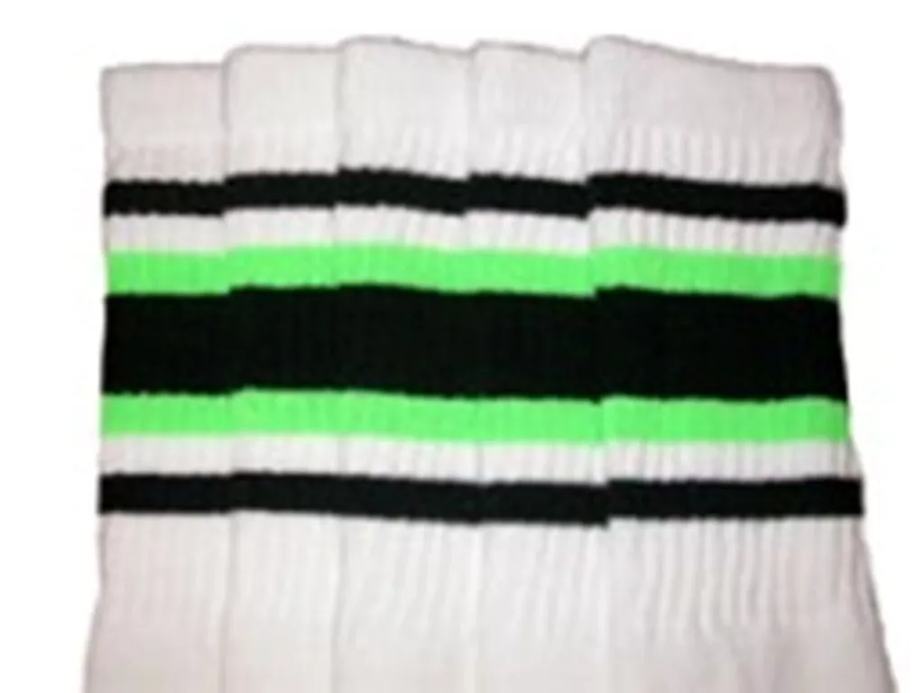 19 MID CALF WHITE tube socks with BLACK NEON GREEN stripes style 4 19 84