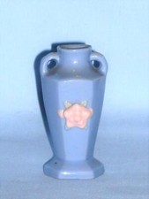 Occupied Japan Blue Vase with Pink Flower Miniature Two Handled 2 3/8" Vintage