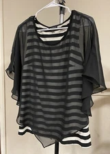 I.N. Studio Women’s L  Black & White Striped Tank W/Black Sheer Attached Poncho