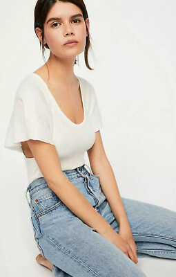 Intimately Free People Byron Ribbed Flutter Sleeve Bodysuit White Cut Out Sz M