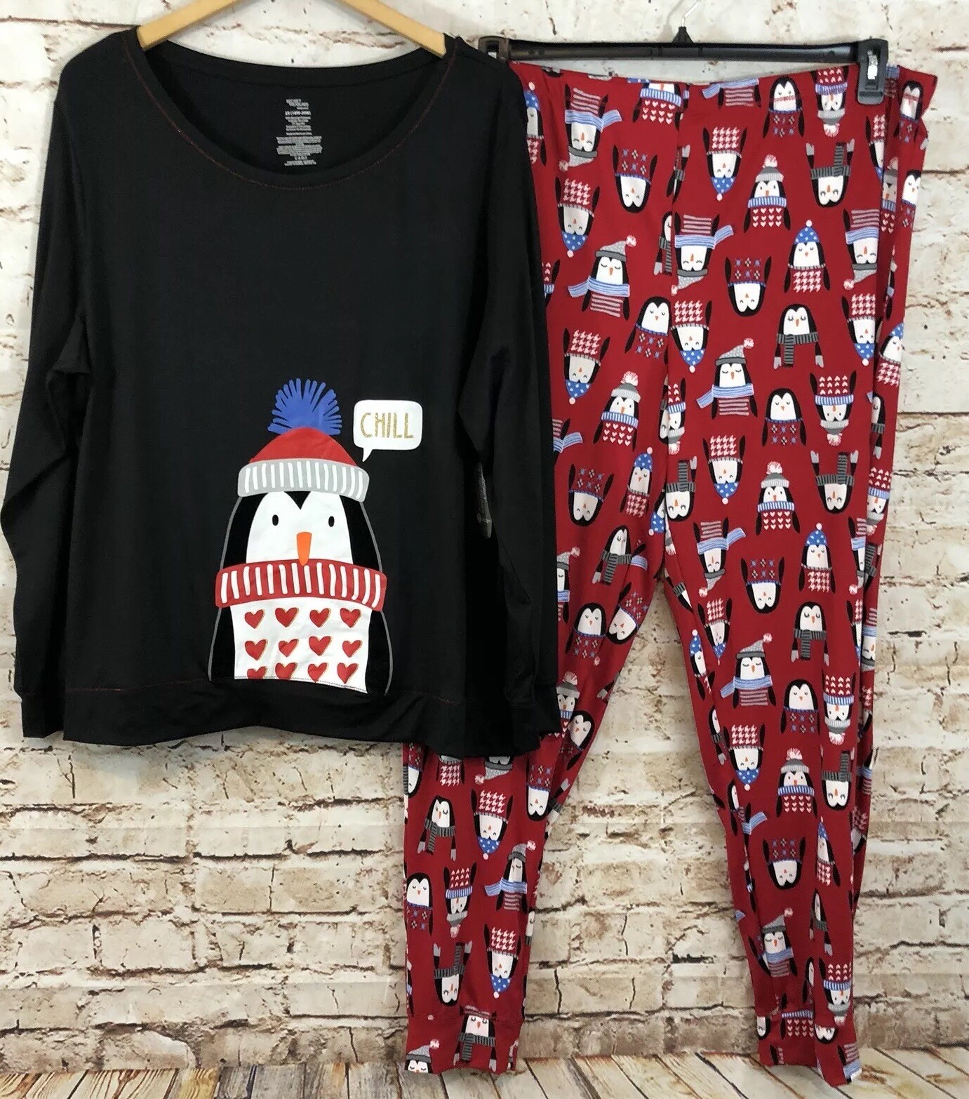 Penguin Hearts Pajama Set for Women - Medium Shirt & Pants in Coffee Print by Secret Treasures  