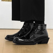 Men Mid Top Chelsea Boots Patent Leather Cuban Heels Formal Dress Ankle Boots