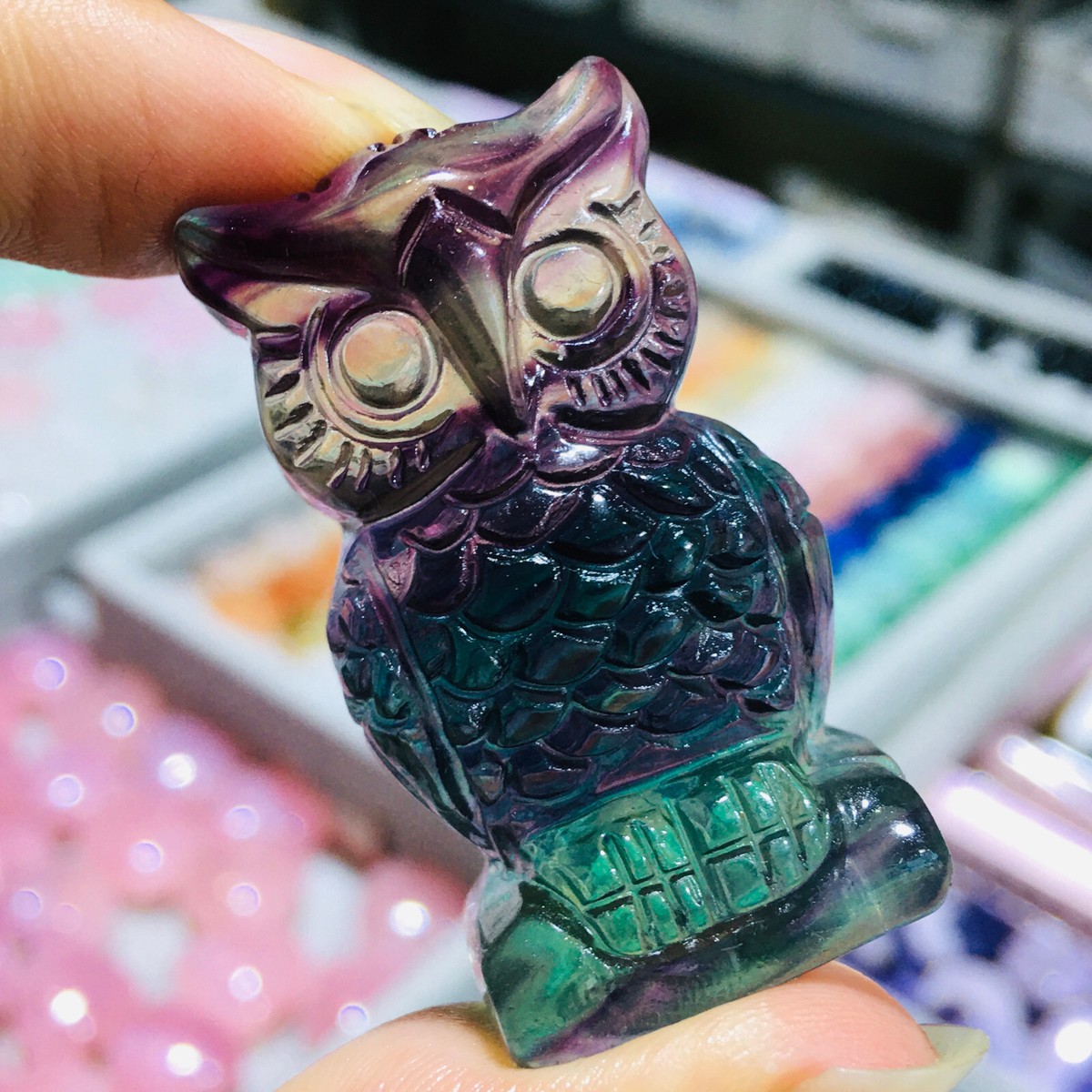 天然石 フローライト スカル&オウル オブジェ Natural Colored Fluorite Owl Quartz Skull Crystal Specimen Reiki