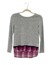 Xhilaration Layered Look Sweater Girl  s Large 10-12 Gray Pink Plaid