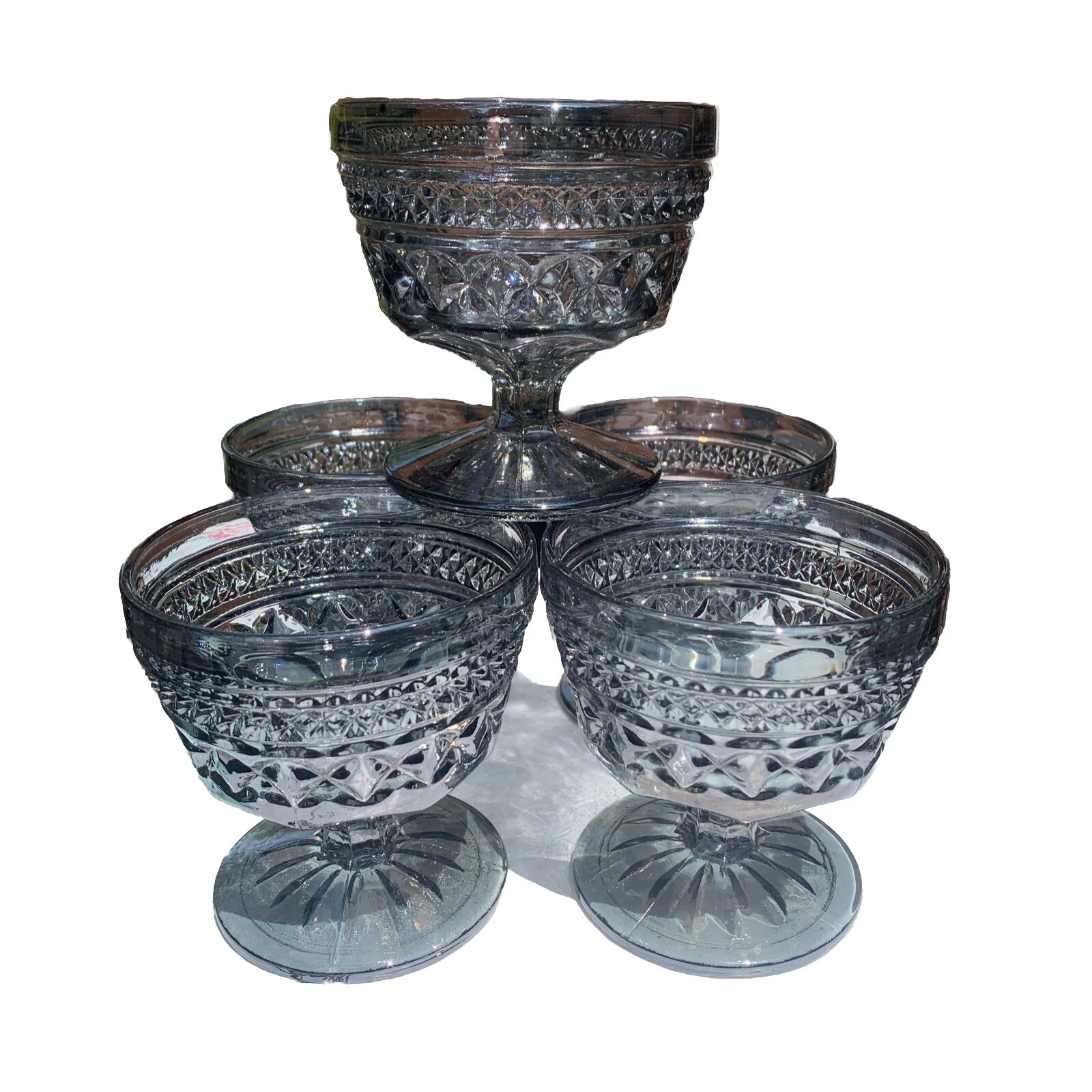 Set Of 5 VTG Anchor Hocking Wexford Silver Smoke Champagne Sherbet Glasses