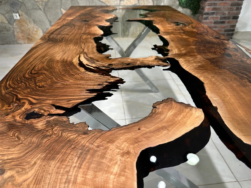 Live Edge Epoxy Waterfall Dining Table | 60" x 30" Dark Walnut Wood Resin Table - Image 3 of 4