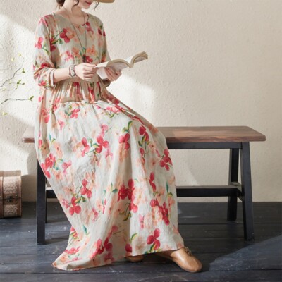 Womens Cotton Linen Crew Collar Short Sleeve Loose Flowers Long Beach Maxi  Dress | eBay