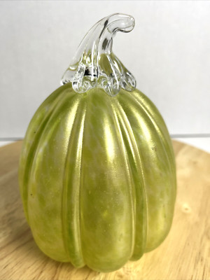 Green Art Glass Pumpkin Clear Stem 6 H Fall Harvest Thanksgiving Home Decor
