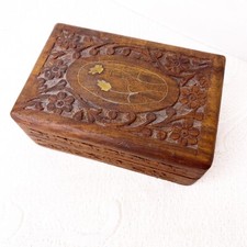 Hand Carved Hinged Wood Trinket Box Center Red Inlay Floral Vintage India