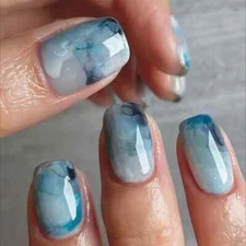 24pcs Blue Ripple Marble Press-On Nails - Medium Square Glossy Finish, Reusable