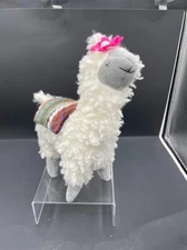 Plush White Llama Wired Poseable Legs Striped Blanket Pink Flower Happy Llama