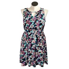 Maurices Womens Floral Fit & Flare Dress Sleeveless Keyhole Neck Black Teal L