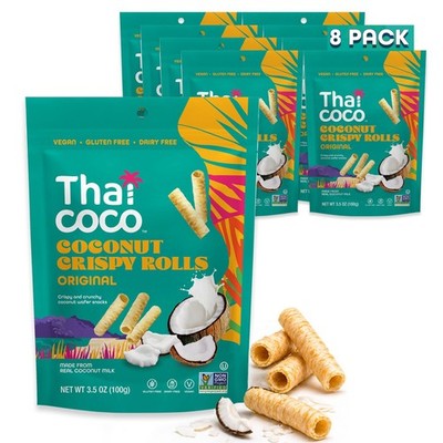 Thai Coco Original Crispy Coconut Rolls 8 Bag (3.5 oz each) - Organic Tropica...