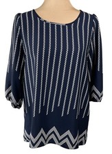 Everly Popover Blouse Top Navy Cream L Large Tunic Dot 3/4 Sleeve