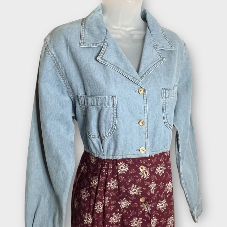 VINTAGE mixed media chambray/floral button down shirt dress size 10 Y2K Grunge - Image 4 of 4