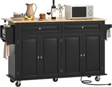 63" Movable Kitchen Island with Drop Leaf and Power Outlet, Rolling Island Cart