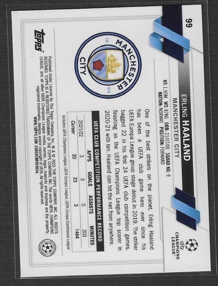 2022-23 Topps UEFA Club Competitions Erling Haaland Man City #99 Pink Sparkle view 2
