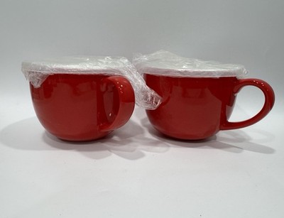 Lareina Soup Mugs Set of 2 Red Ceramic Bowls Cups w/ Plastic Lids 5.25 