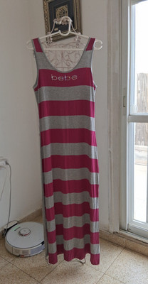 Vintage BEBE Y2K Maxikleid Strass Logo gestreift M grau rosa 2000er makellos