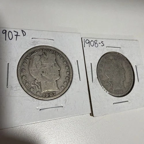 1908-S + 1907-D 50C Barber Half Dollars 90% Silver Good Condition