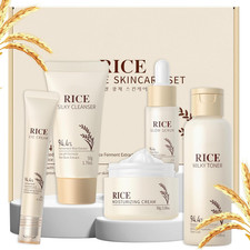 Skin Care Set, Korean Skin Care with Rice Cleanser, Toner, Serum, Eye Serum, Moi