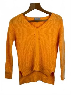 Pure Collection 100% Kaschmir Pullover Zopfmuster gerippt V-Ausschnitt orange UK 10