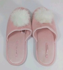 Victorias Secret Slippers Womens Size L Pink Pom Pom Satin Velvet Slides Lounge