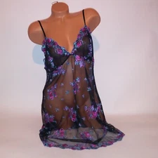 Victoria Secret Lingerie Chemise Slip Black Floral Embroidered Sheer Lace Pink
