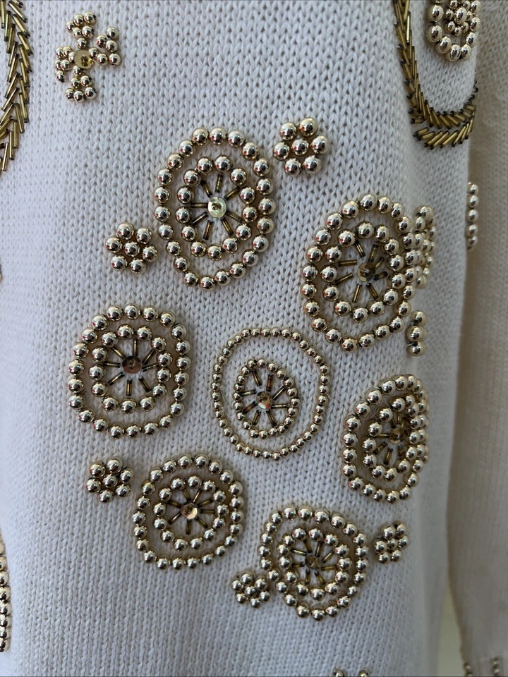 Vtg Victoria Harbour Gold Beaded Tunic Cowl Neck Sweater Cream Women’s Small - Image 3 of 4