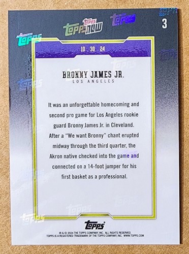 2024 Topps Now Bronny James 1st Professional Points Rookie #3 RC 10.30.24 Lakers - Picture 2 of 2
