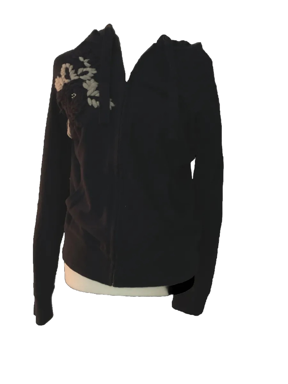 Womens Lucky Brand Navy Blue Floral applique ZipUp Hoodie Size L