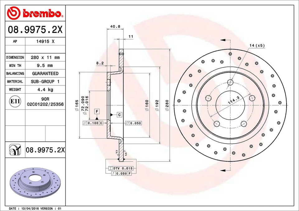 Rotor de freno de disco trasero Brembo 08.9975.2X 280 mm para Mazda 3 2004-2013 Foto 2 de 3