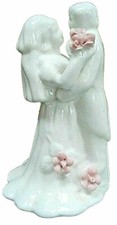 VTG. HIGH GLOSS WHITE PORCELAIN WEDDING CAKE TOPPER BRIDE GROOM W/ PINK ROSES