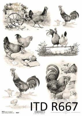 Reispapier-Motiv Strohseide-Decoupage-Shabby-Ostern-Hahn-Henne-sepia-R0667