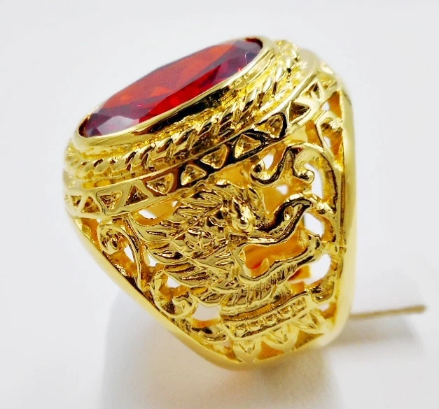 男式戒指橙色蓝宝石 SYN 24K 黄金填充 GP 鹰 Garuda 尺码 12.75 — 第 3/4 张图片