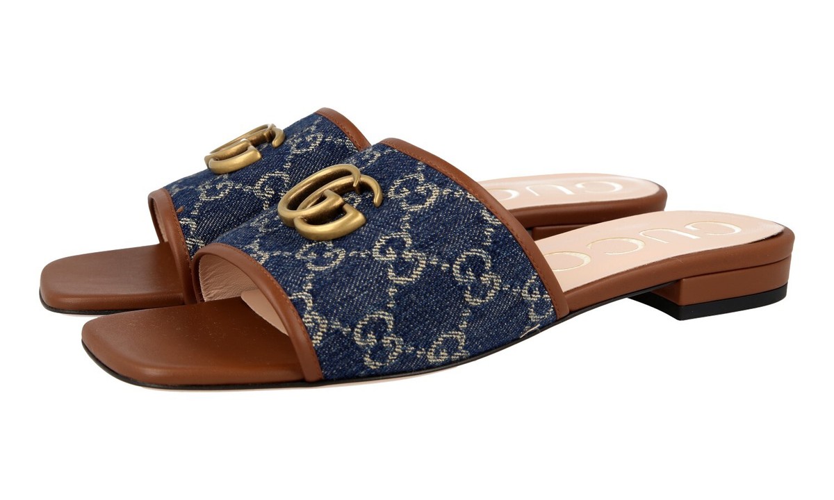 GUCCI Canvas Sandals Slides Jeans Denim Blue Brown - US 9.5