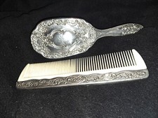 Vintage Ornate Hair Brush  Comb Set Silver Plated Vanity Set Preowned Condition