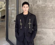 Men's Autumn Fashion Lapel Long Sleeve Loose Embroidery Blazers Youth Suit Coat