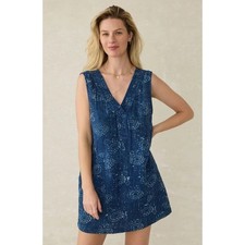 NWT Faherty Azure Dress Women XL Blue Indigo Isle Print Organic Cotton V-Neck