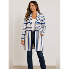 Chico's Striped Ponte Knit Jacket Women Size 1 8/10 Blue White Long Blazer LN