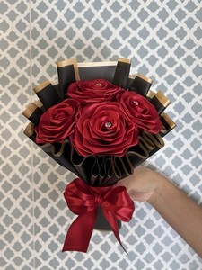 Red Satin Artificial Rose Bouquet Bundle w/ Black/Gold Wrap & Ribbon Bow